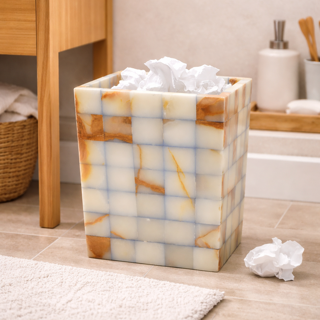 Exotic Tiled Onyx Plaid Blue Wastebasket, Hand-Assembled Square Stone Trash Can with Amber Veining