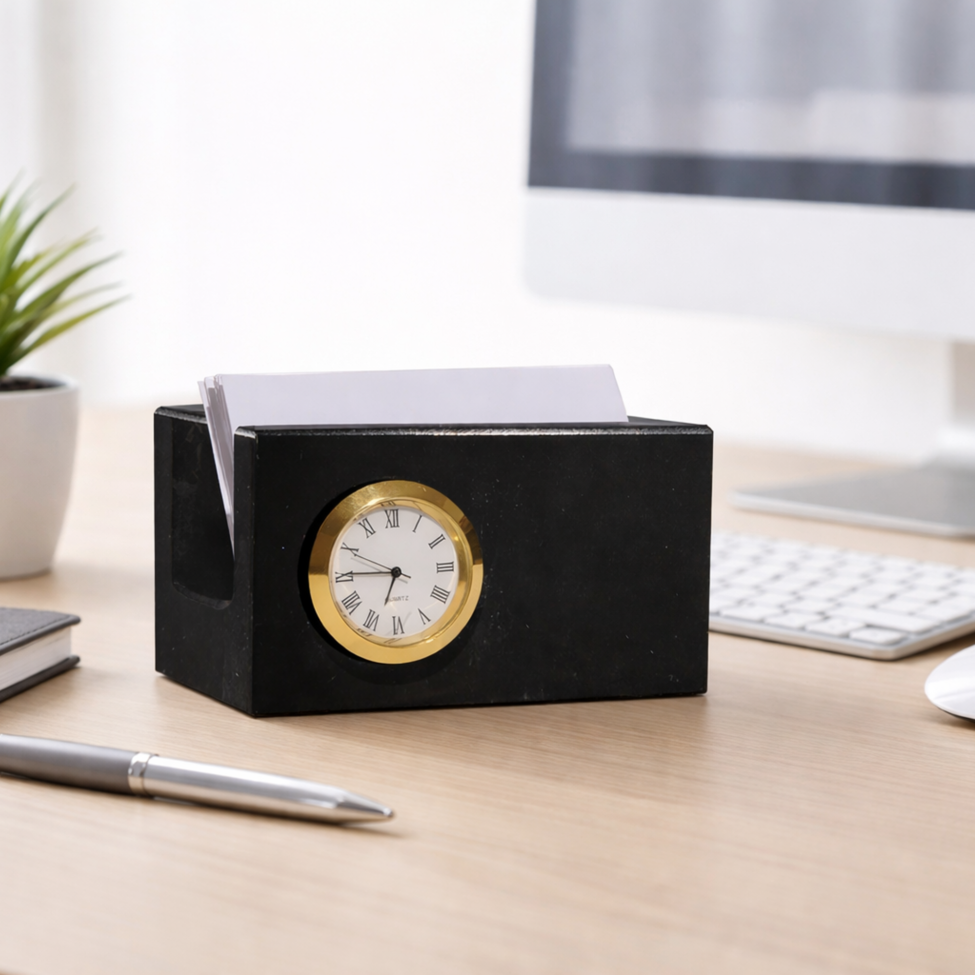 Executive Black Marble Business Card Holder with Integrated Clock, Weighted Desk Organizer