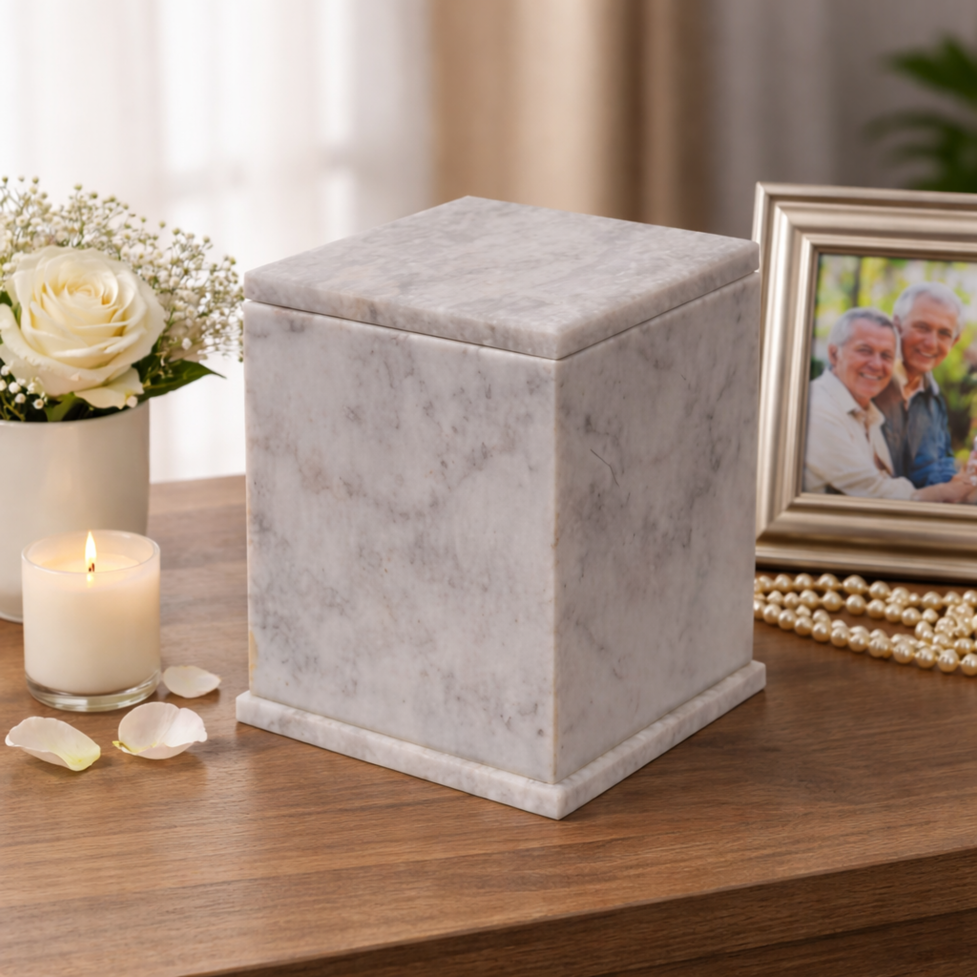 Hand-Polished Natural Gray and White Marble Cremation Urn, Square Design Memorial Stone Vessel for Adults