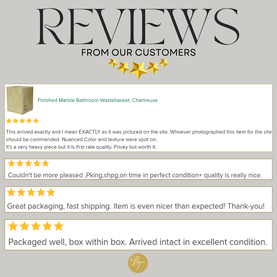 Customer reviews for polished marble bathroom wastebasket, including star ratings and comments, with a logo at the bottom.