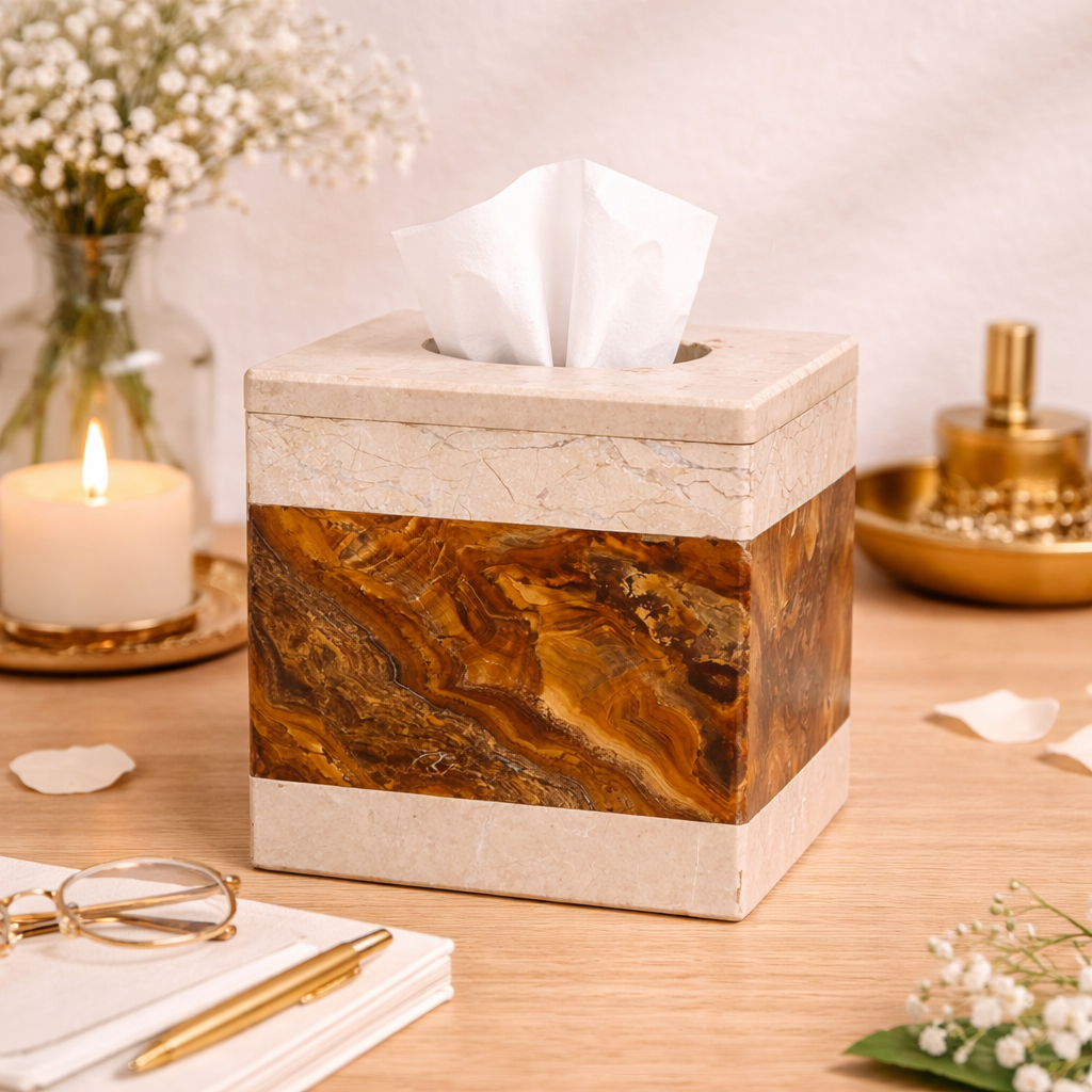 Premium Polished Natural Marble Rectangular Bathroom Tissue Boxes, Weighted Stone Countertop Fixture