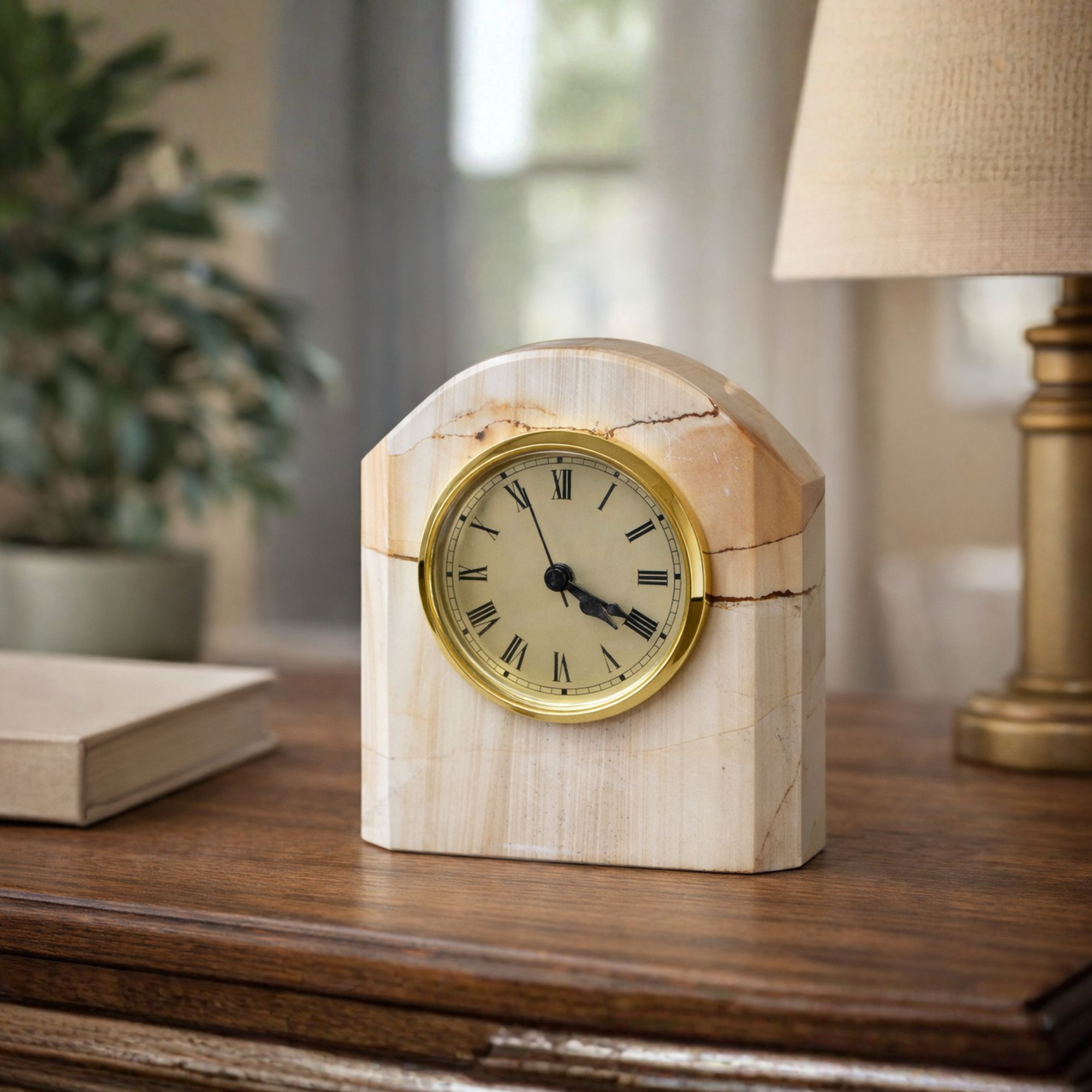 Hand-Carved Beige Arch Marble Desk Clock, Gold-Tone Roman Numerals, Arched Stone Mantelpiece Accent