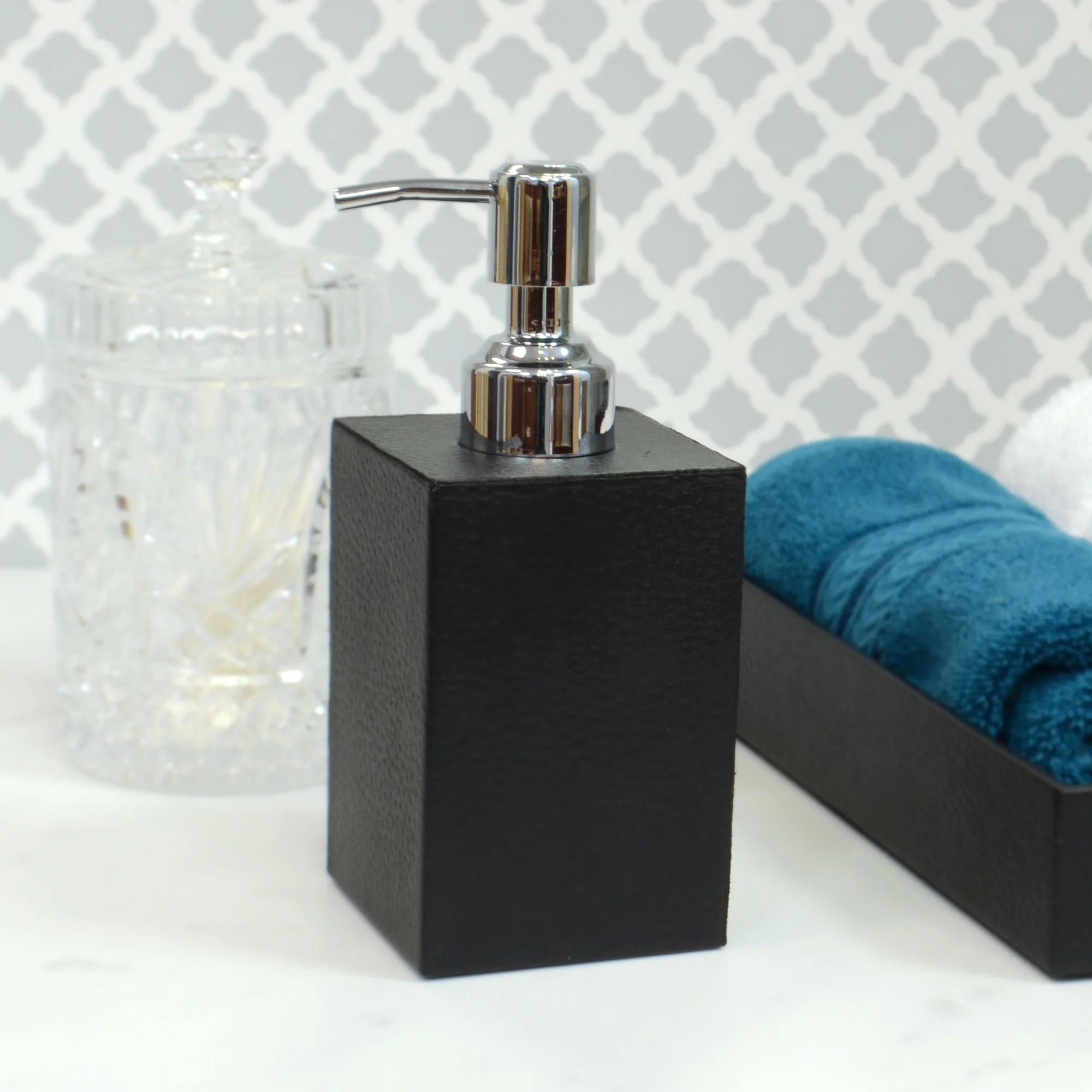 Hand-Wrapped Textured Black Genuine Leather Rectangular Soap Dispenser with Chrome Pump