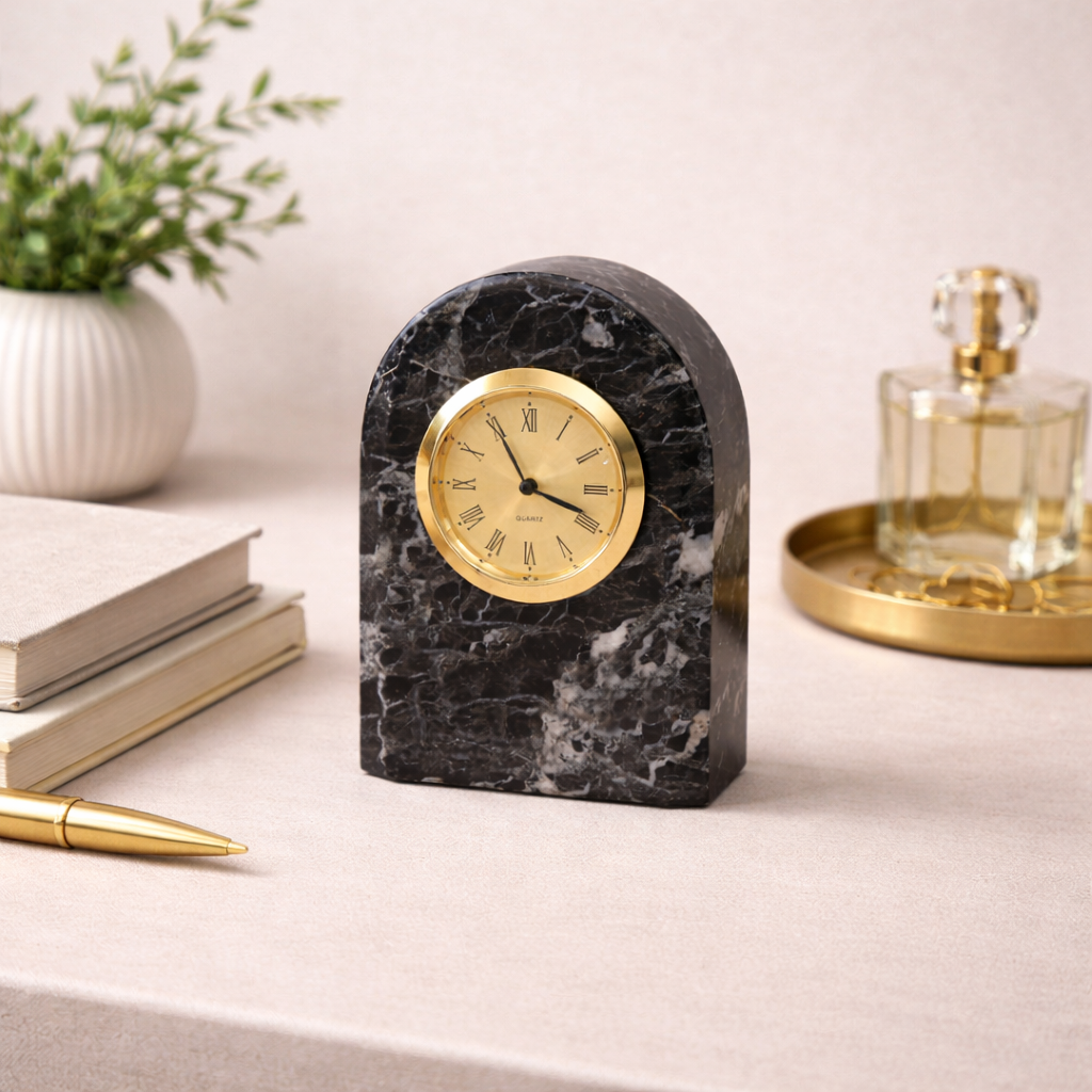 Mini Hand-Carved Black Zebra Marble Clock, Beveled Arch Desk Timepiece for Executive Décor