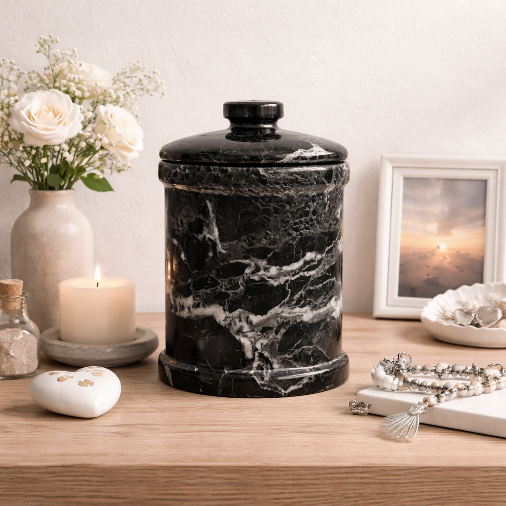 Hand-Carved Black Marble Cremation Urn for Ashes, Small 6" Tall Memorial Vessel, 28.87 Cubic Inch Capacity