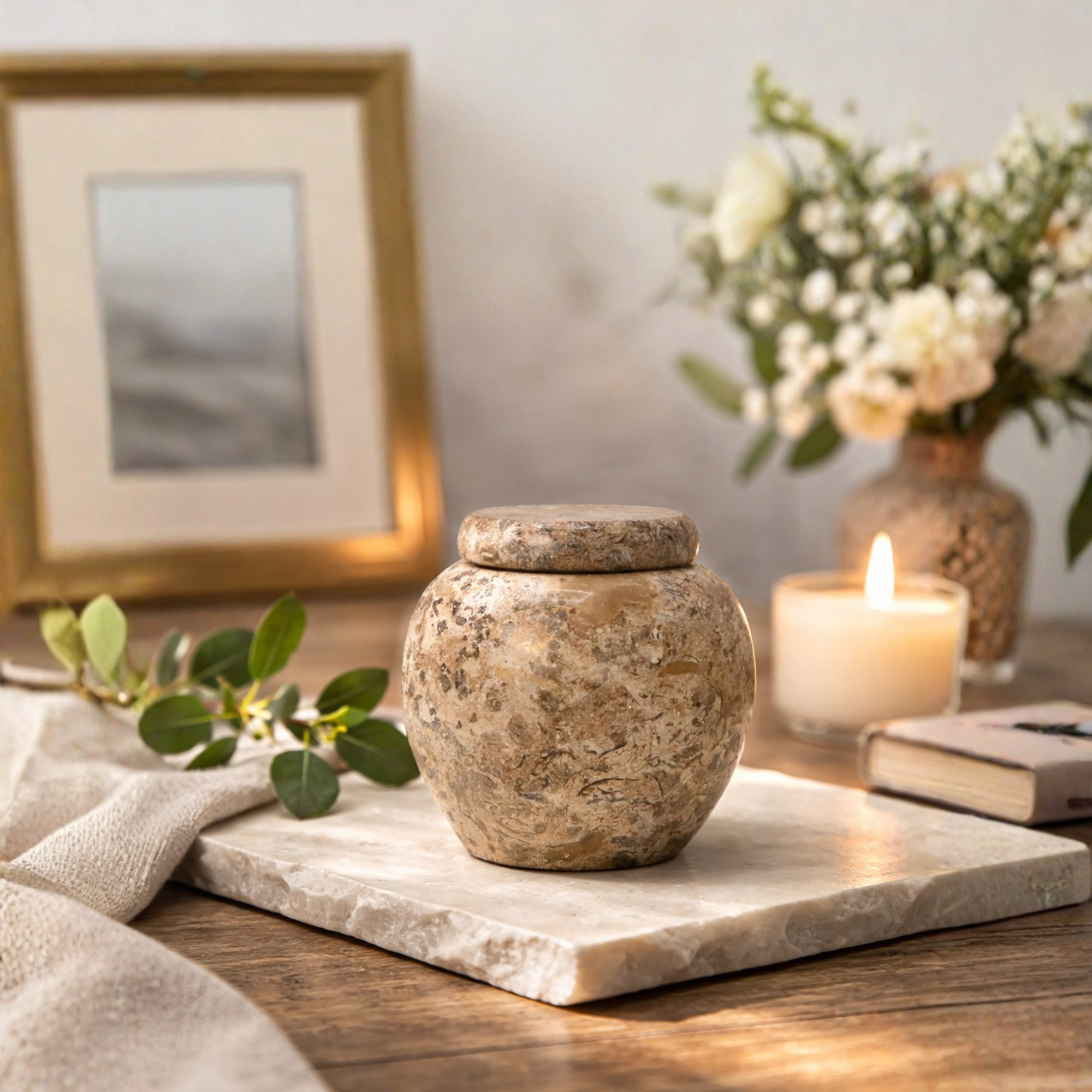Antique Beige Marble Keepsake Urn | Mini Memorial Stone Vessel 3"x2.75"
