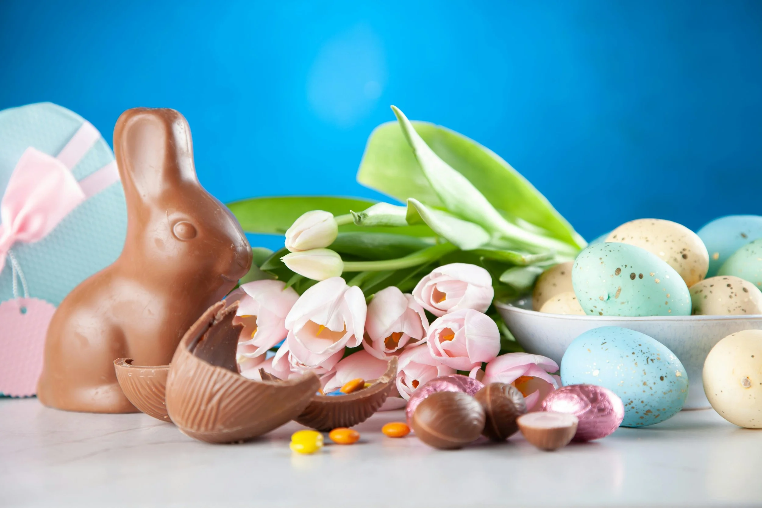 Chocolate bunny, chocolate eggs, pink tulips, white tulips, and Easter candies on a white surface with a blue background.