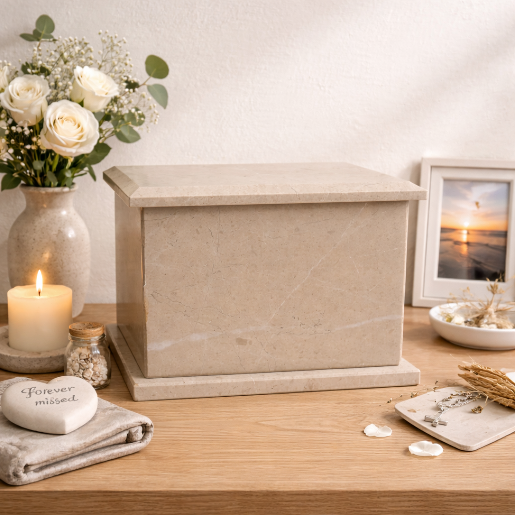 Marble Cremation Urn for Adults, Memorial Stone Box with Gothic Design, Beige
