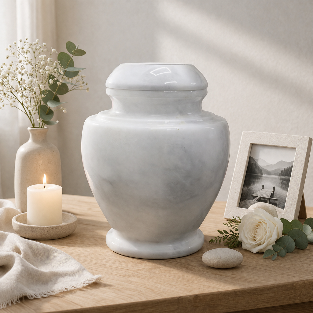 Badal Gray Marble Cremation Urn for Adults, Hand-Finished Natural Stone Memorial Vessel, 202 Cubic Inch Capacity
