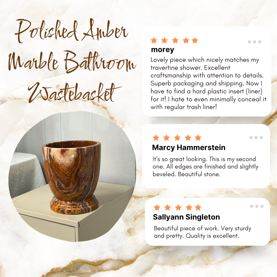 Polished amber marble wastebasket with reviews from customers.