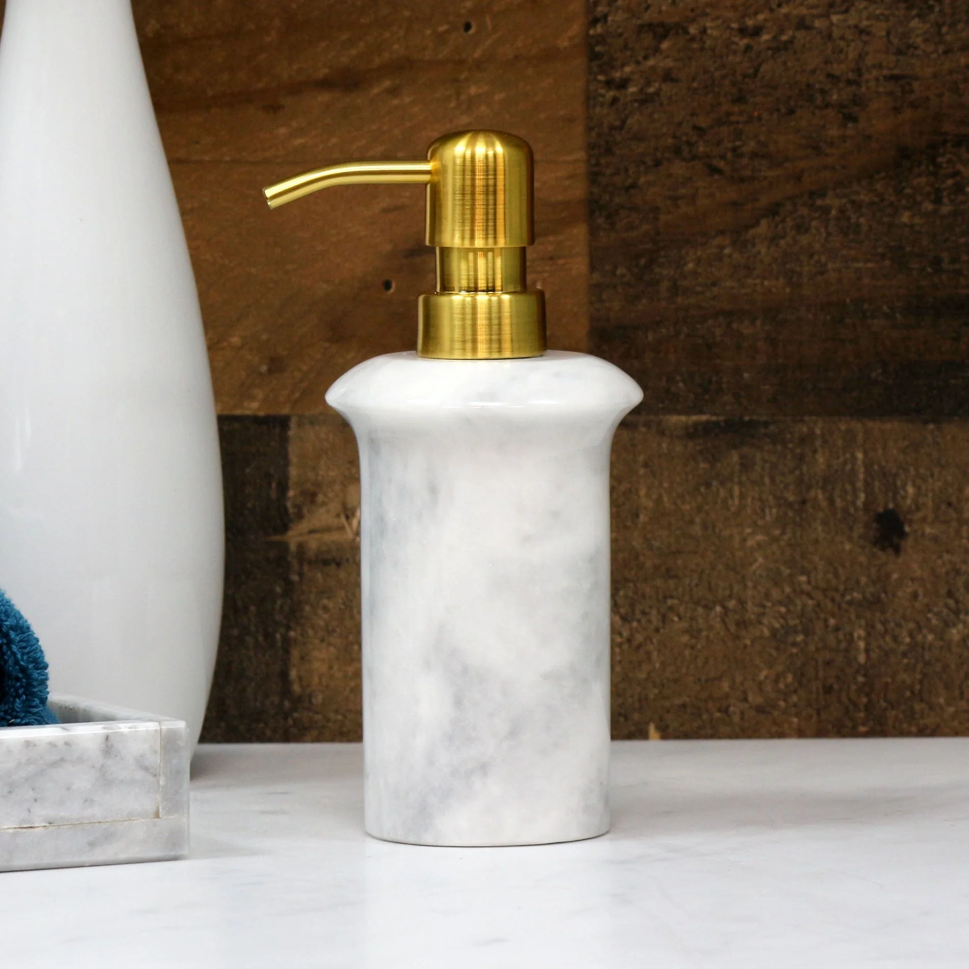 Timeless Hand-Polished White Marble Soap and Lotion Dispensers, Classic Stone Vanity Fixture Collection