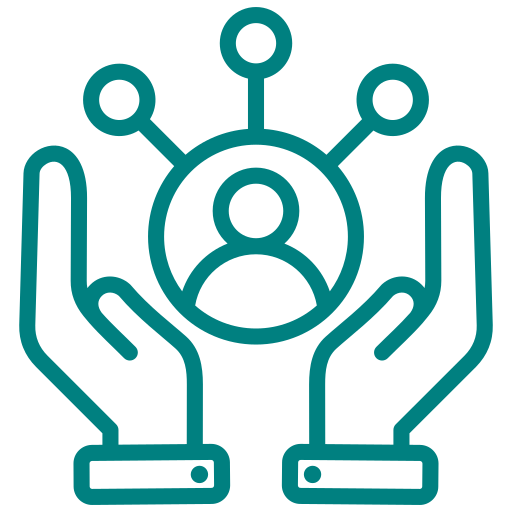 Outline of hands surrounding a person icon and connected nodes, indicating support or network.