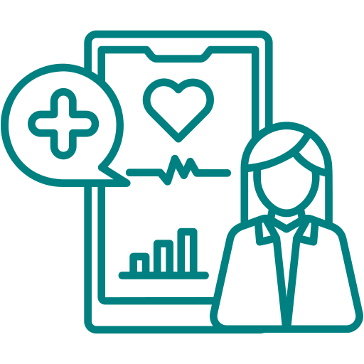 Medical professional with a health monitoring app on a tablet, showing a heart rate graph, bar chart, and healthcare symbols.