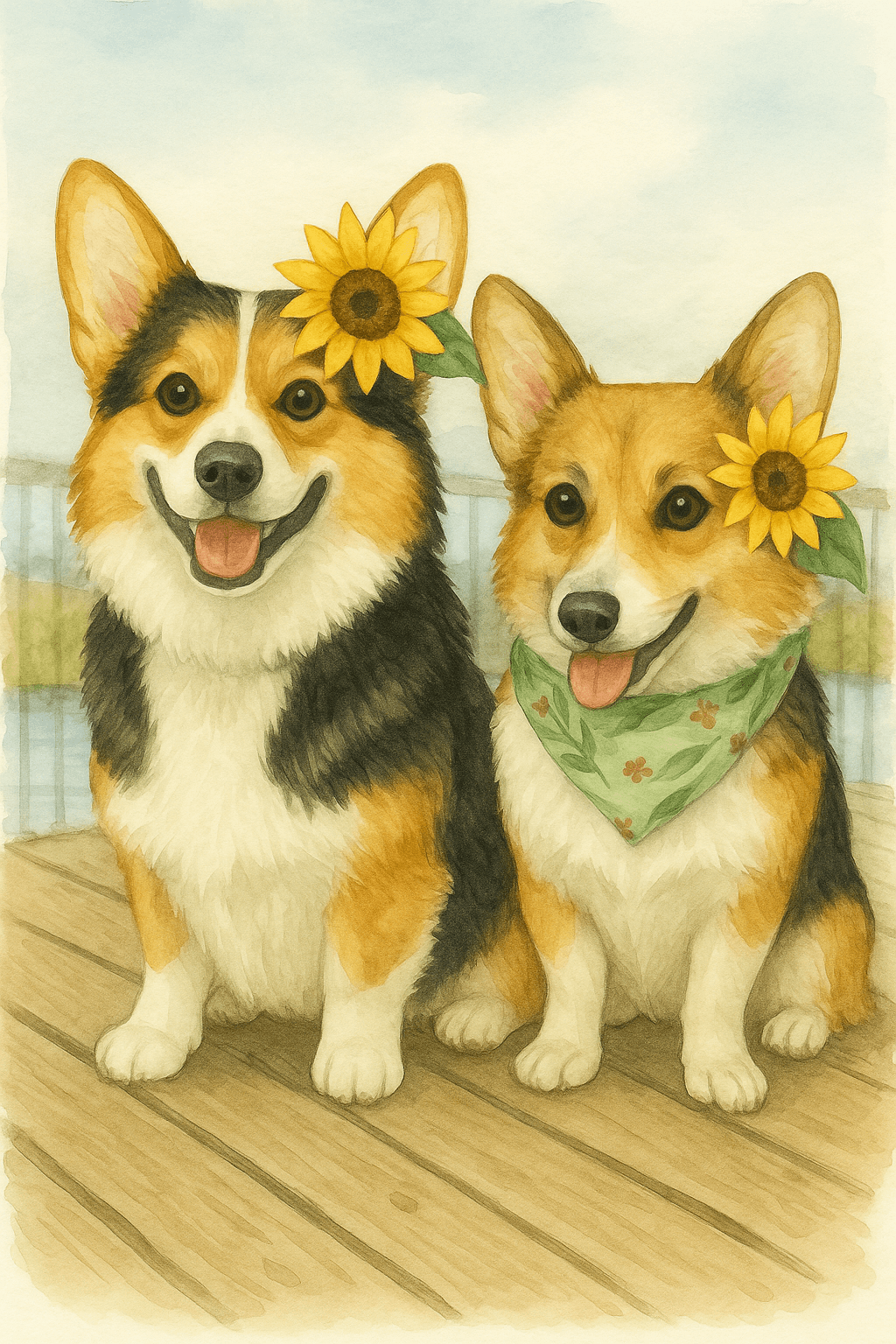 Two corgi dogs sitting on a wooden porch with sunflower accessories and bandanas, smiling with their tongues out.