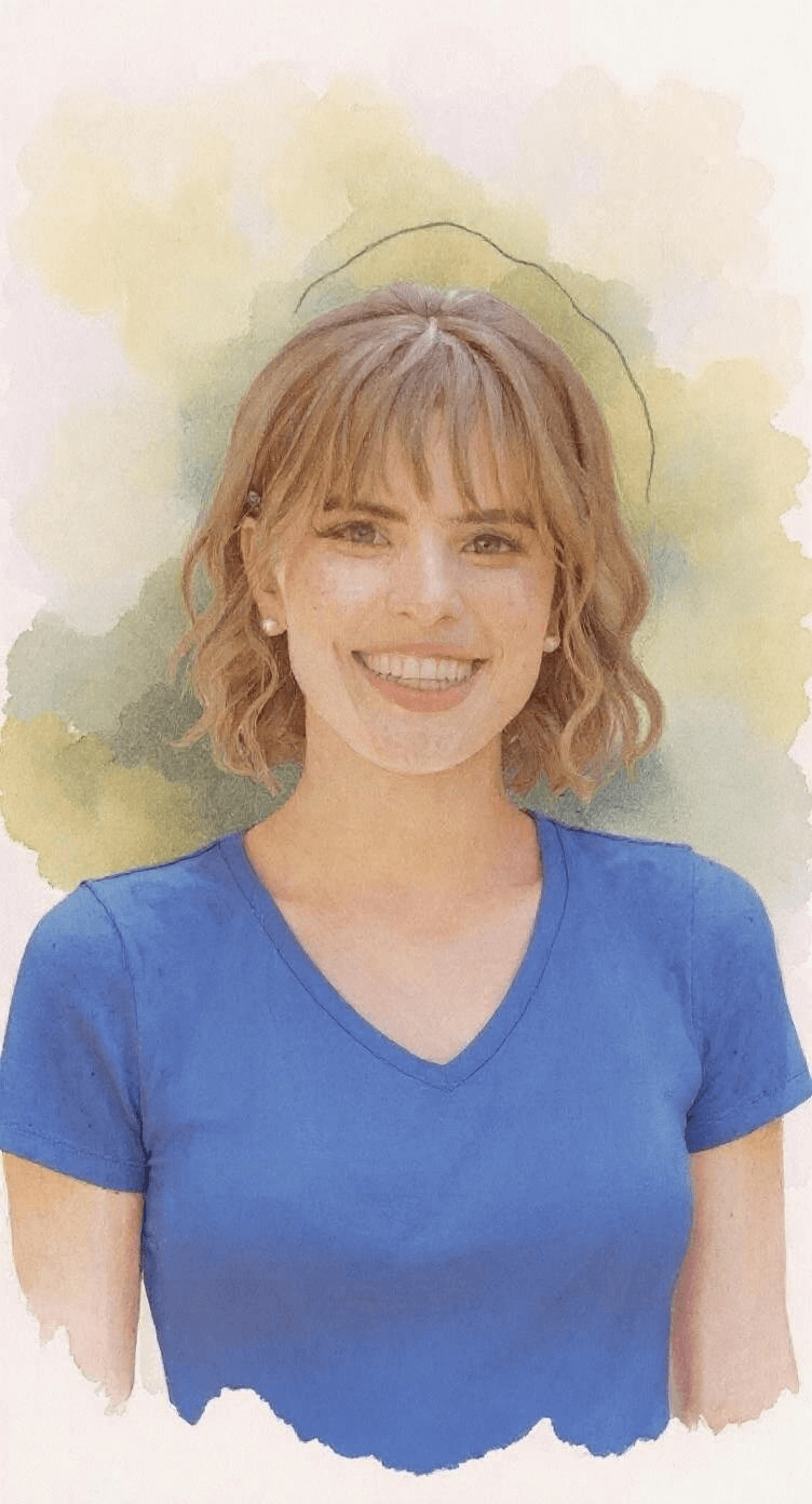 A woman with short, wavy, light brown hair wearing a blue V-neck T-shirt, smiling with white teeth, standing outdoors with a blurred, watercolor-like background of green and yellow foliage.