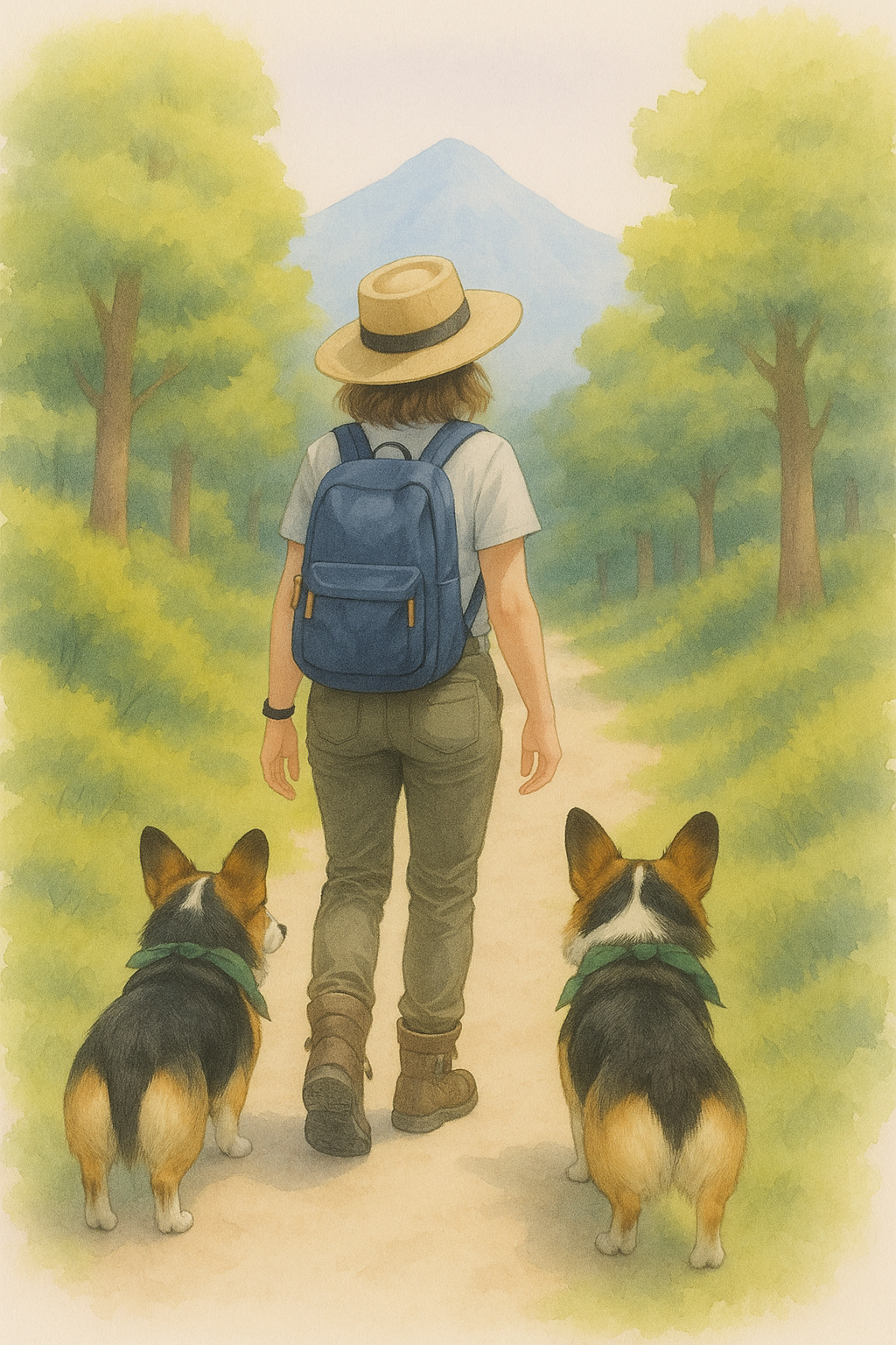 An illustration of a woman walking on a trail in the woods with two dogs, viewed from behind. She wears a wide-brimmed hat, a blue backpack, a gray t-shirt, and khaki pants, with a mountain visible in the distance.