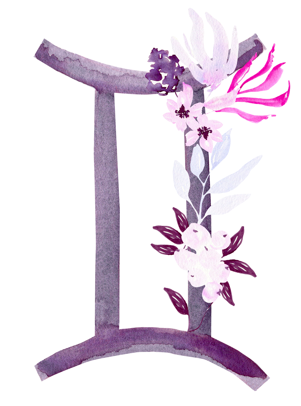 Watercolor illustration of the Gemini zodiac symbol surrounded by pink and purple flowers and leaves.