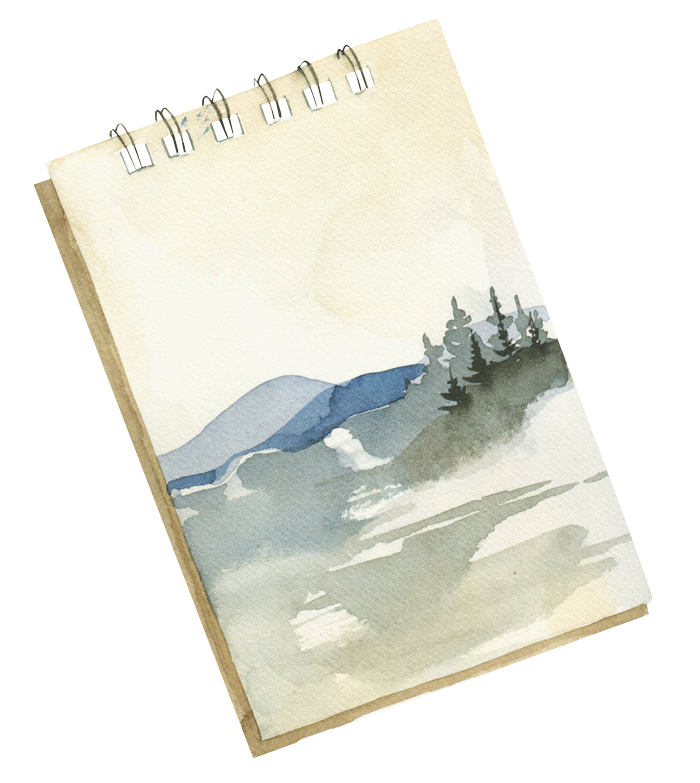 Watercolor painting of mountains, trees, and a cloudy sky with snow or fog in the foreground.
