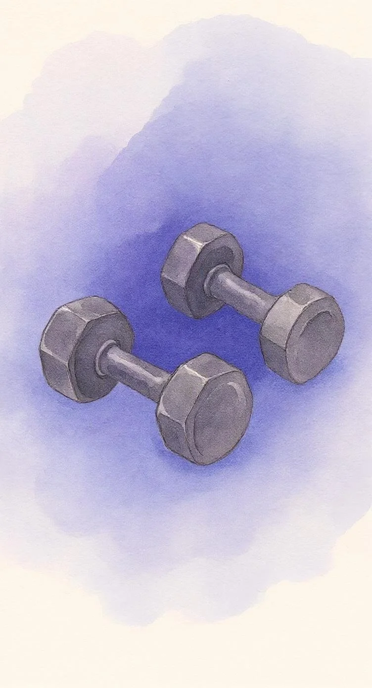 Watercolor painting of two gray dumbbells on a blue watercolor background.