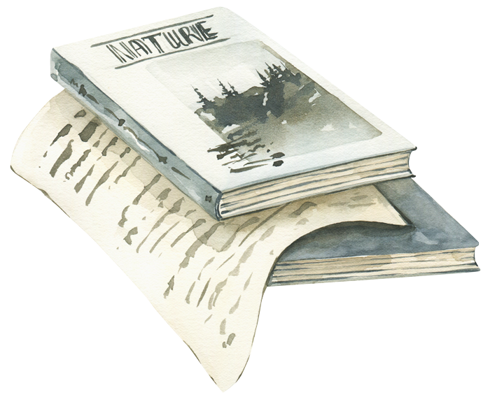 Watercolor painting of two open books, one titled "NATURE", with a black-and-white landscape photograph on the cover, and the other with handwritten text on its pages.
