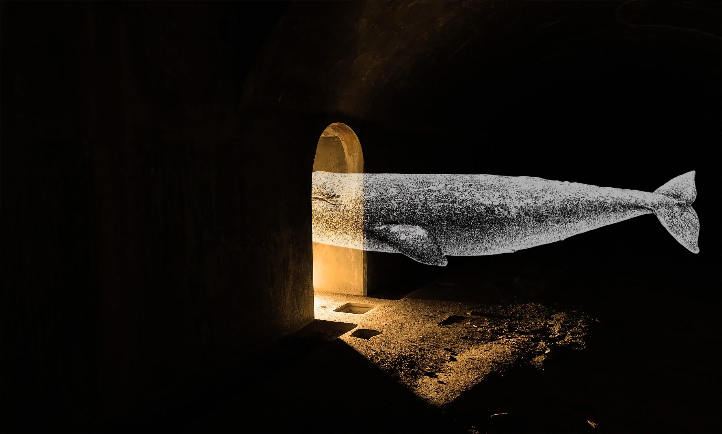 An archival whale illustration moves through an industrial tunnel toward light, as a metaphor for regeneration.
