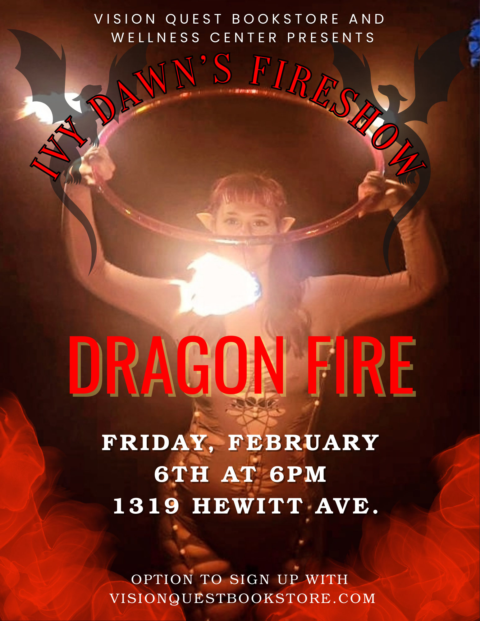 FIRST FRIDAYS: Ivy Dawns Fire Show at Vision Quest Bookstore