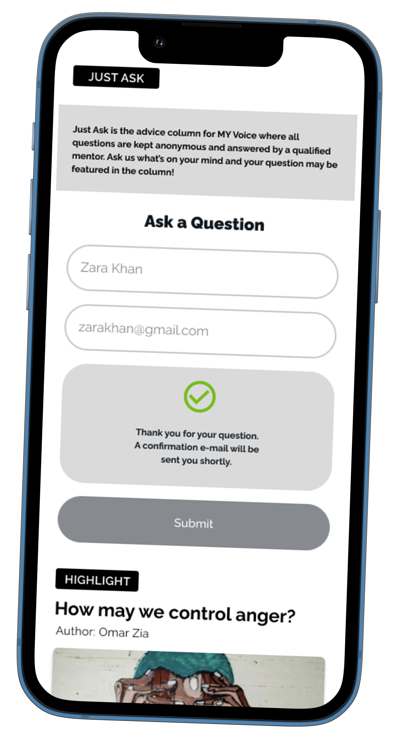 Question & Ask page app prototype feature form submitted