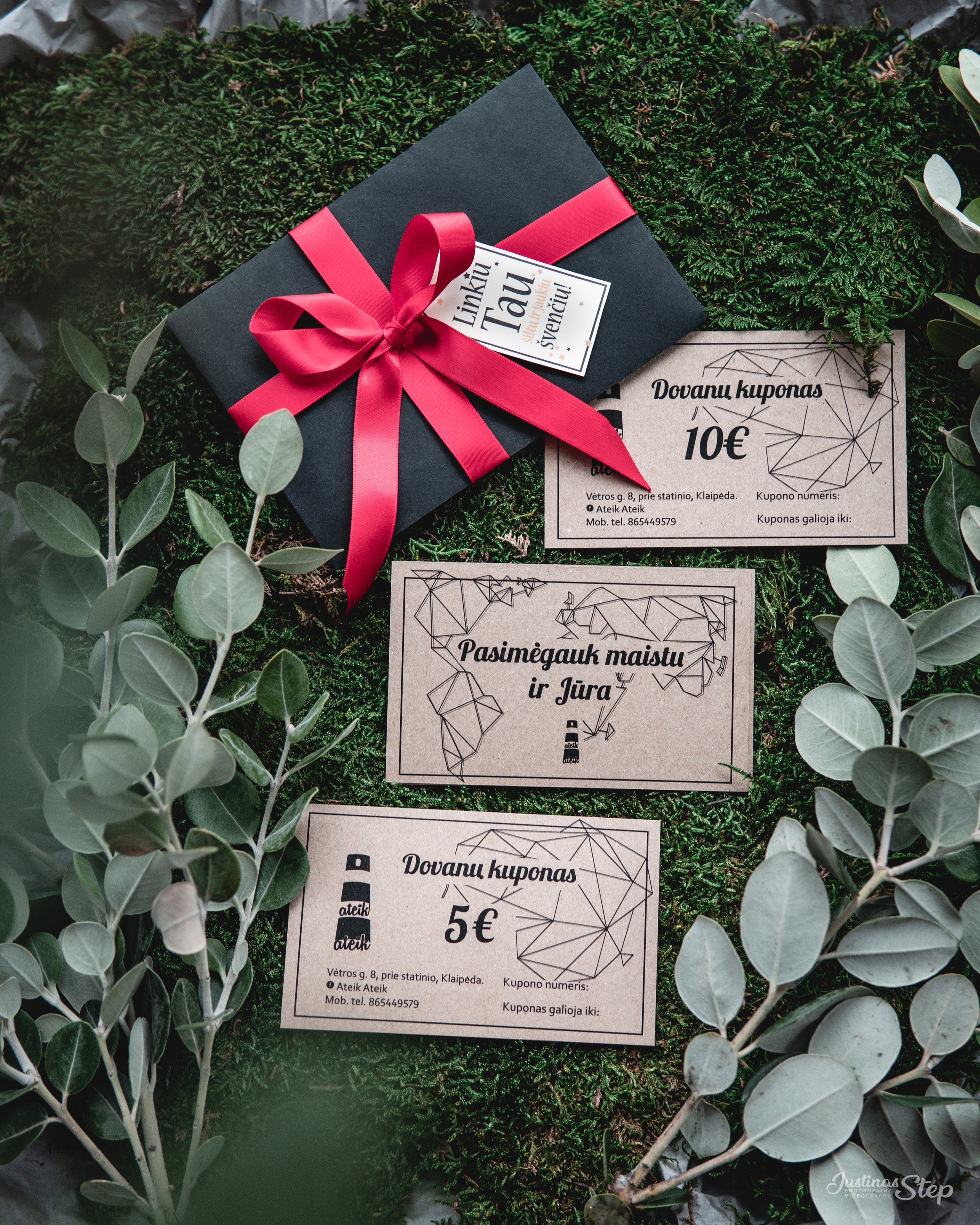 A black gift box with a pink ribbon is placed on a bed of green moss and surrounded by eucalyptus branches. Next to the box, there are two gift vouchers, one for 10 euros and one for 5 euros, with a geometric design and Lithuanian text.