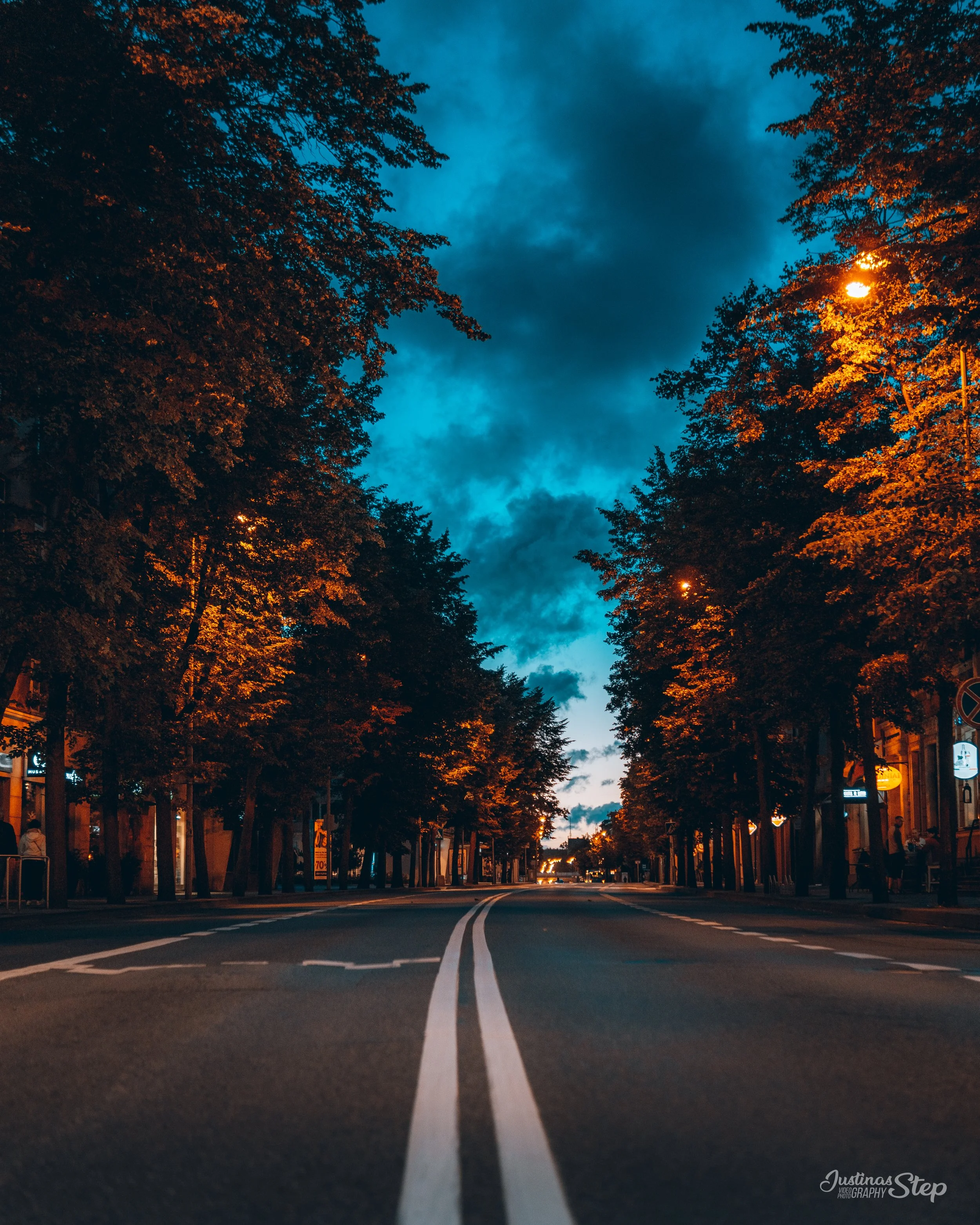 An empty city street at dusk with trees lining both sides, streetlights on, and a dramatic dark sky overhead.