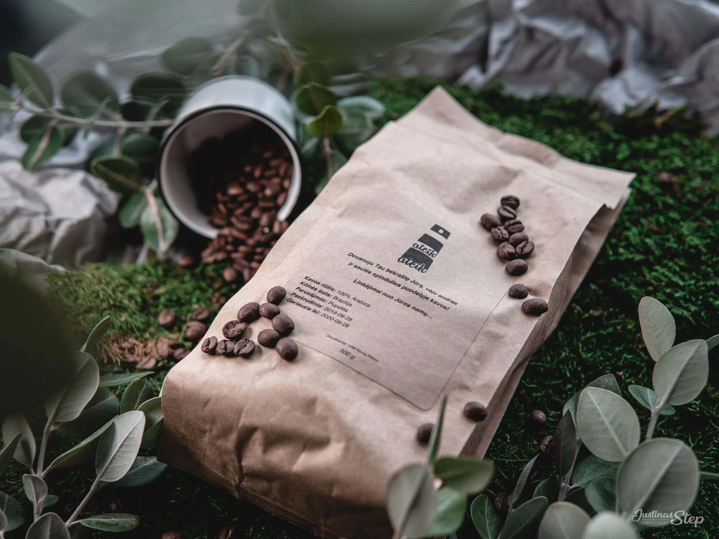 A brown paper bag of coffee beans on green moss, with some beans spilled on the bag, surrounded by leaves and a canister tipped on its side spilling more coffee beans.