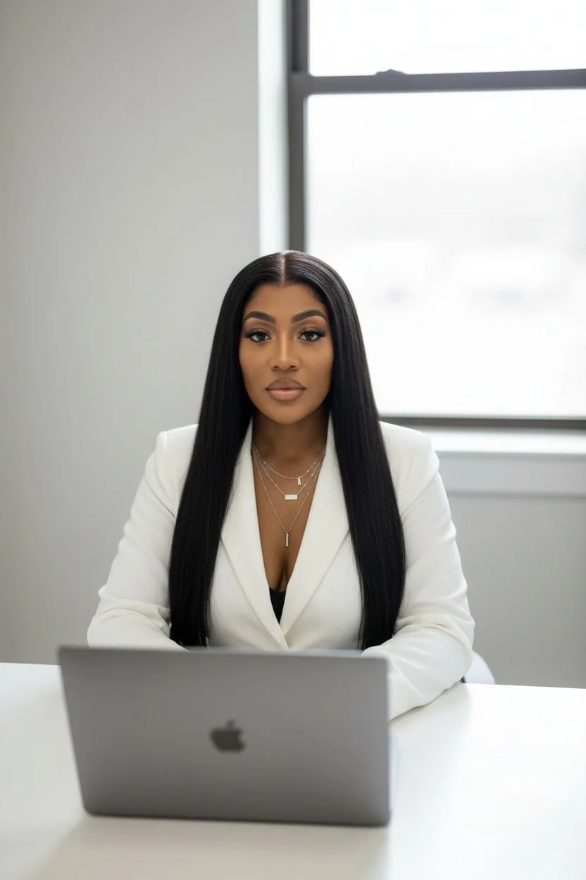 A woman with long black hair, wearing a white blazer, sitting at a desk with a silver MacBook, in an office with a window behind her.