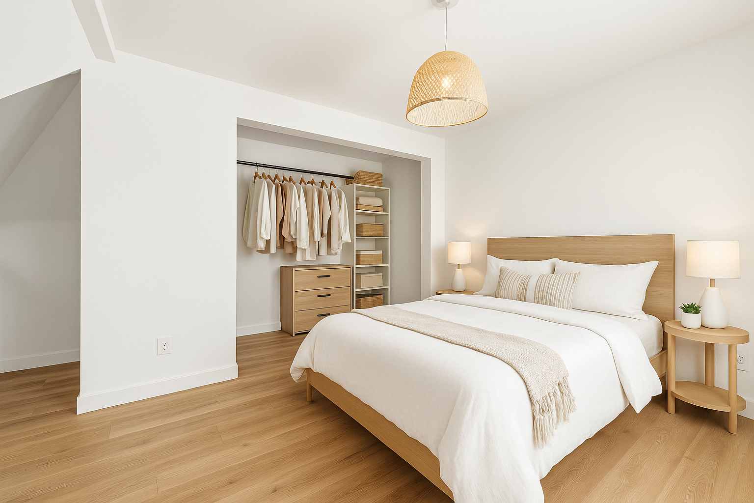 Modern bedroom with a large bed, beige wooden headboard, white bedding, and beige decorative pillow. Two matching bedside tables with white lamps and a small potted plant. Open closet with beige and white clothing hanging and shelves with baskets and folded towels. Light wood flooring and a woven ceiling light fixture.