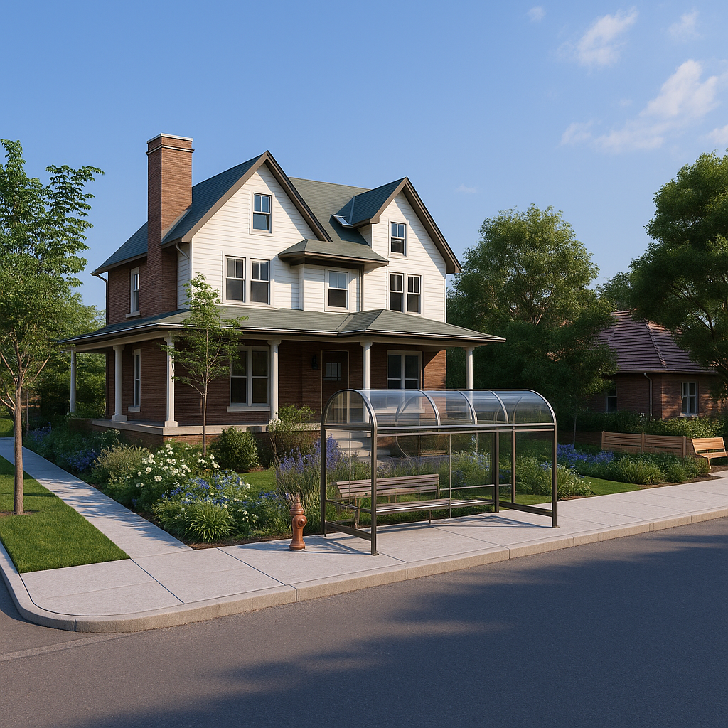A two-story house with a porch, surrounded by trees and landscaped garden, with a sidewalk and a transparent bus shelter in front.