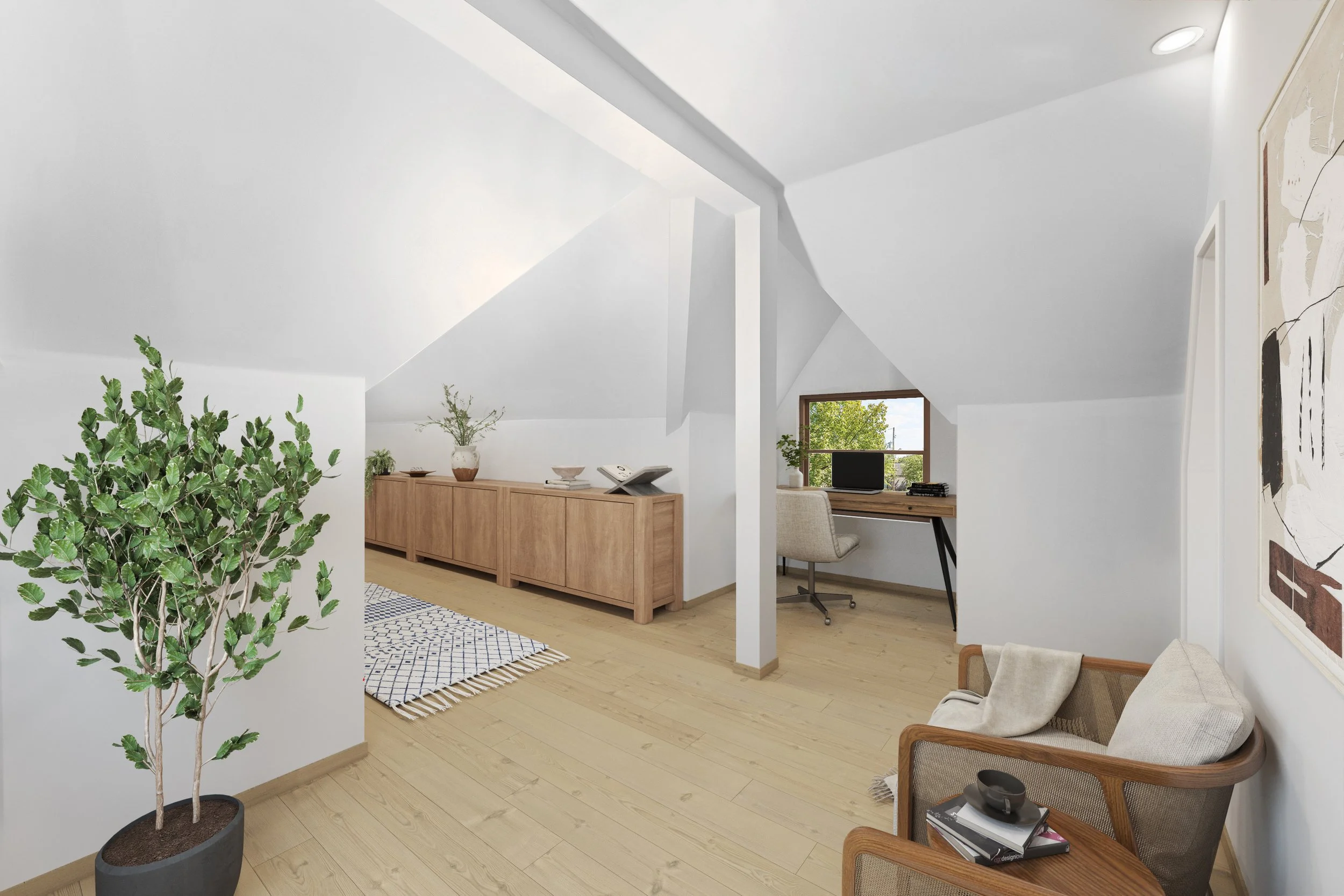 Modern attic office space with sloped white walls, wooden furniture, a small desk with a computer, a cozy armchair with a blanket, and a large potted plant.