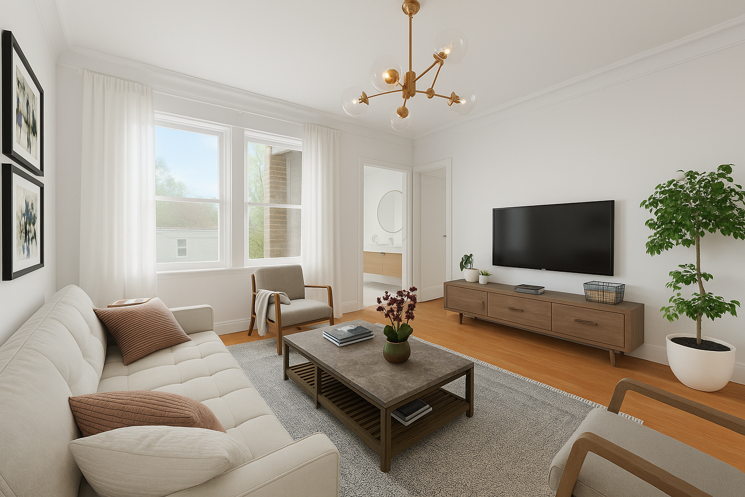 Bright living room with white walls, large windows with white curtains, a beige sofa with brown pillows, a grey armchair, a wooden coffee table with books and a flower vase, a wall-mounted TV, and a potted plant.
