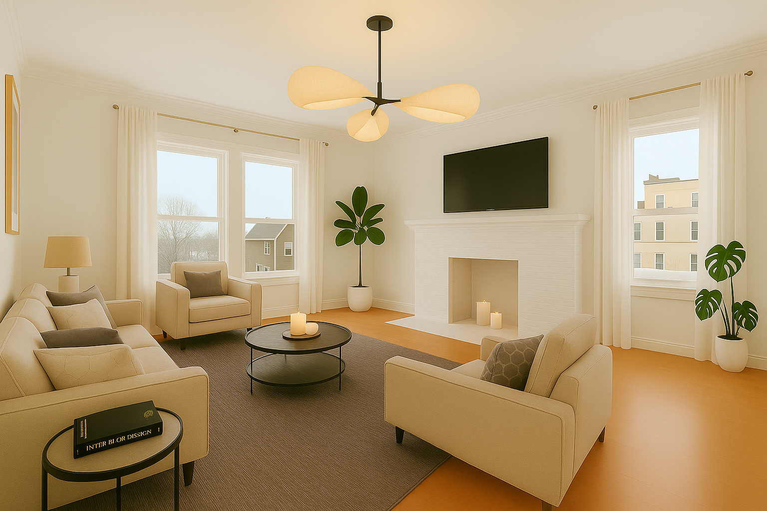 Living room with beige sofa and armchairs, a dark round coffee table with candles, a fireplace with candles, potted plants, a wall-mounted TV, large windows with white curtains, wood floors, and a modern ceiling fan.