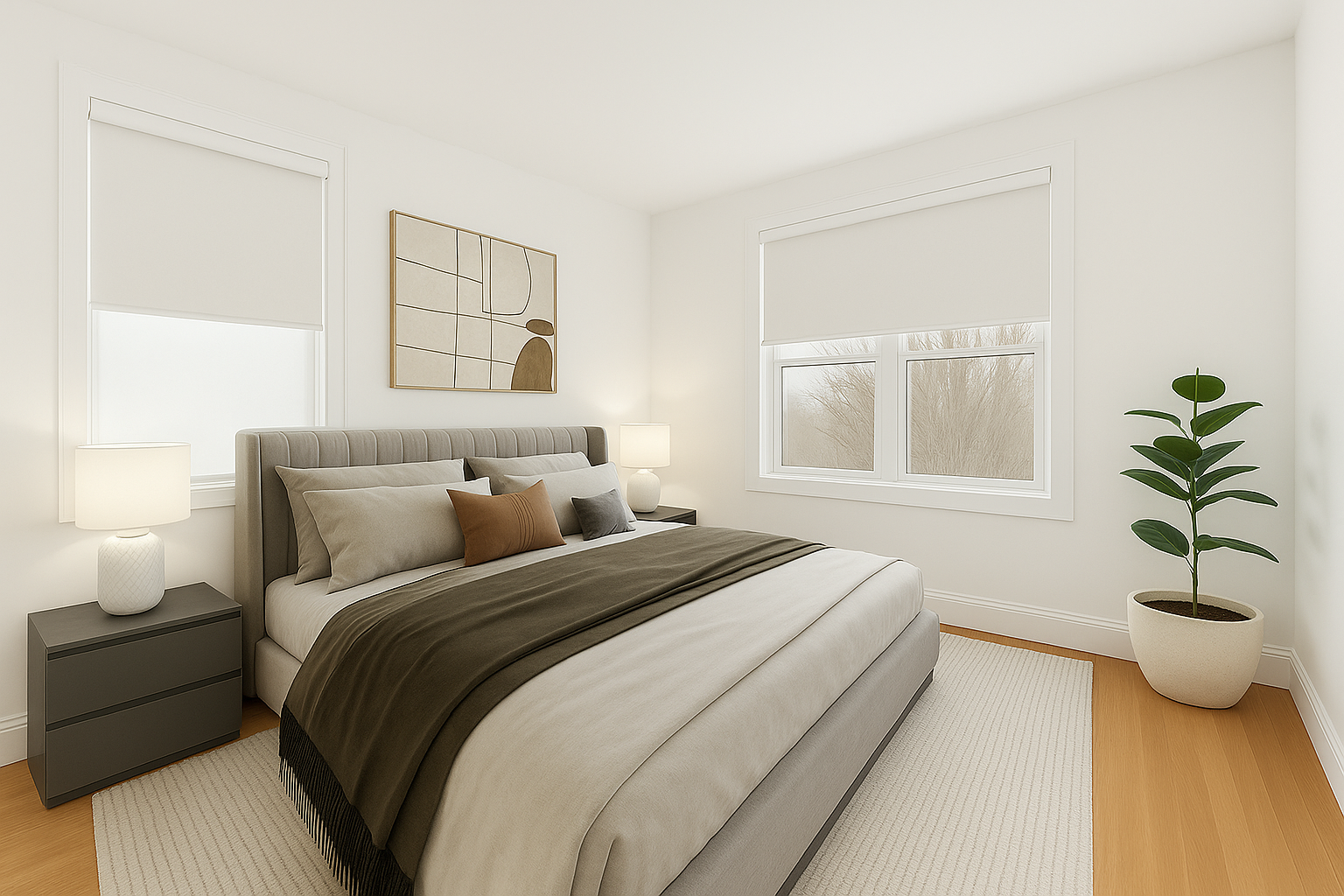A minimalist bedroom with a bed, gray headboard, beige, brown, and gray pillows, black blanket, two white lamps on gray nightstands, abstract art on the wall, large windows with blinds, a potted plant in a white pot, light-colored wooden flooring, and a beige rug.