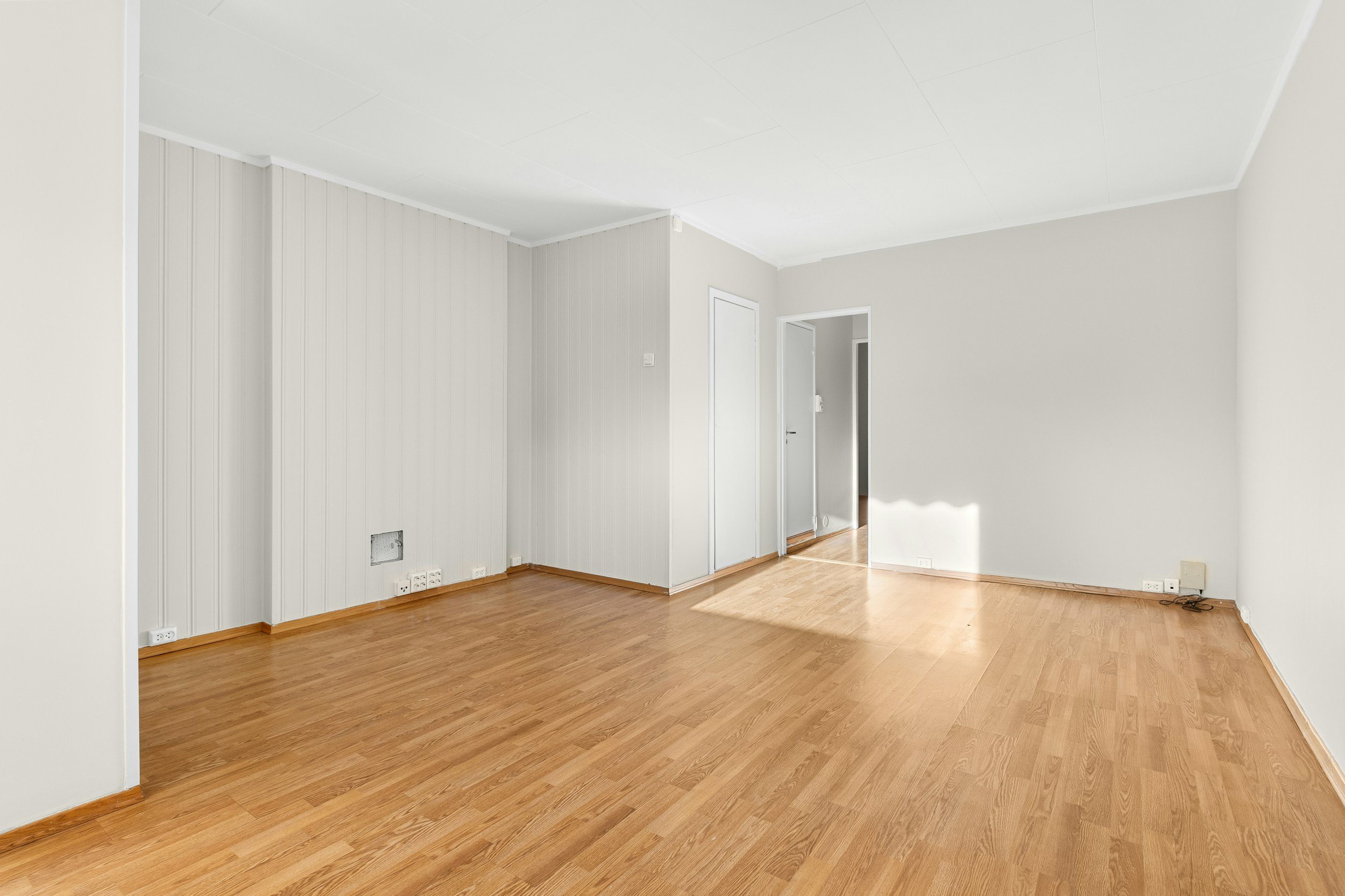 Empty room with light-colored walls, wood flooring, and a few electrical outlets and switches.