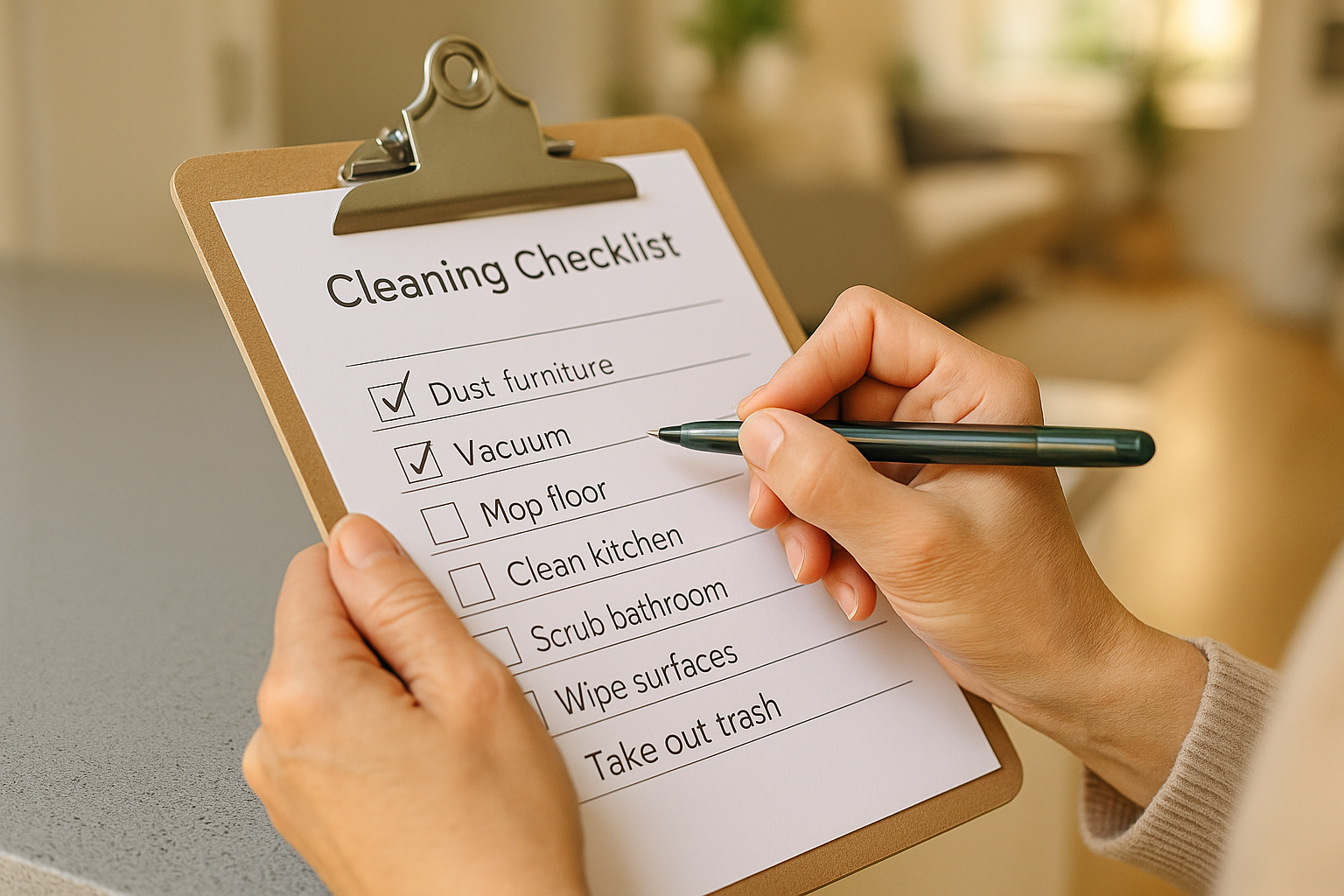 A person filling out a cleaning checklist on a clipboard with a black pen.