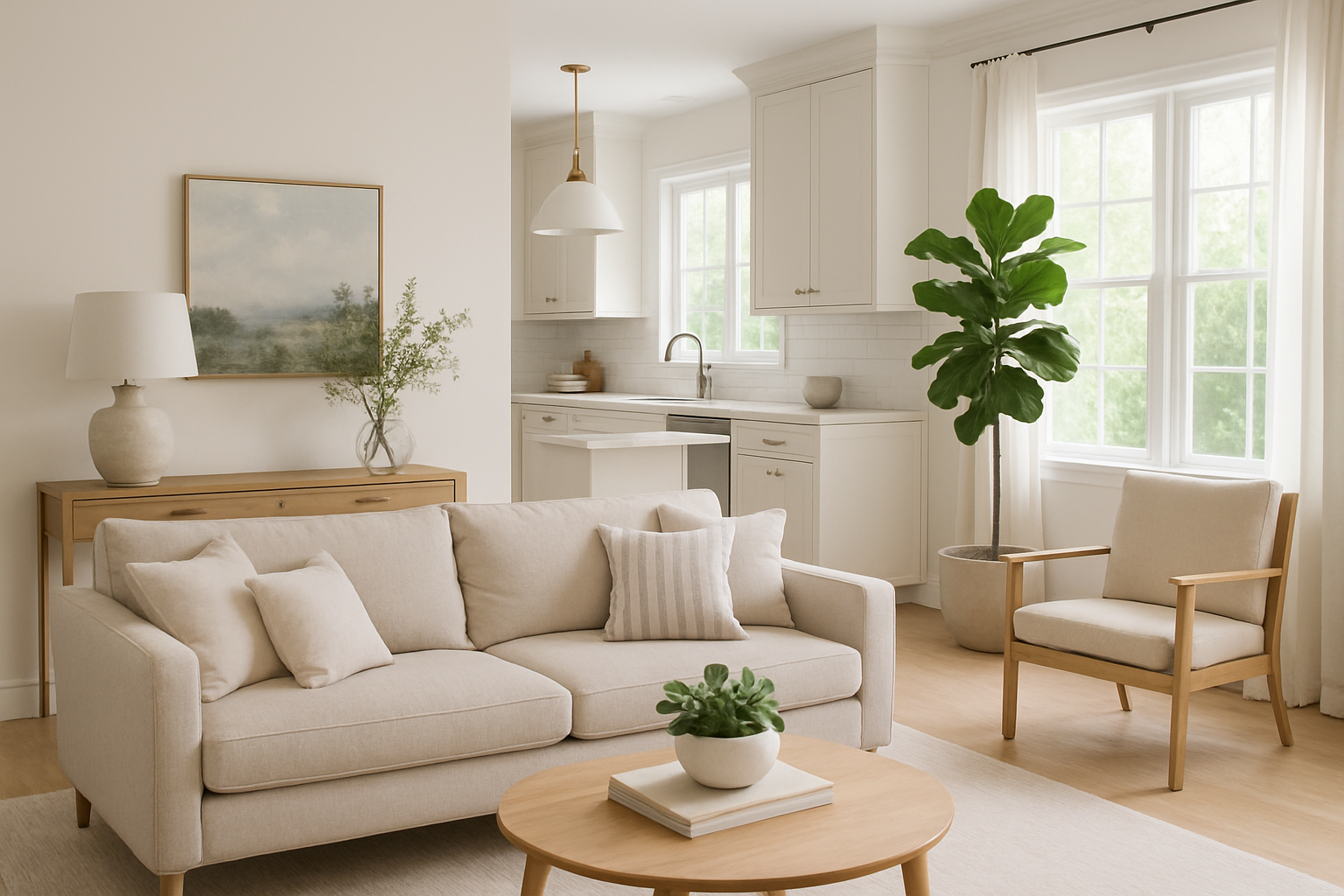 Living room with beige sofa, wooden coffee table with a potted plant, armchair, large green plant, white curtains, and a white kitchen in the background.