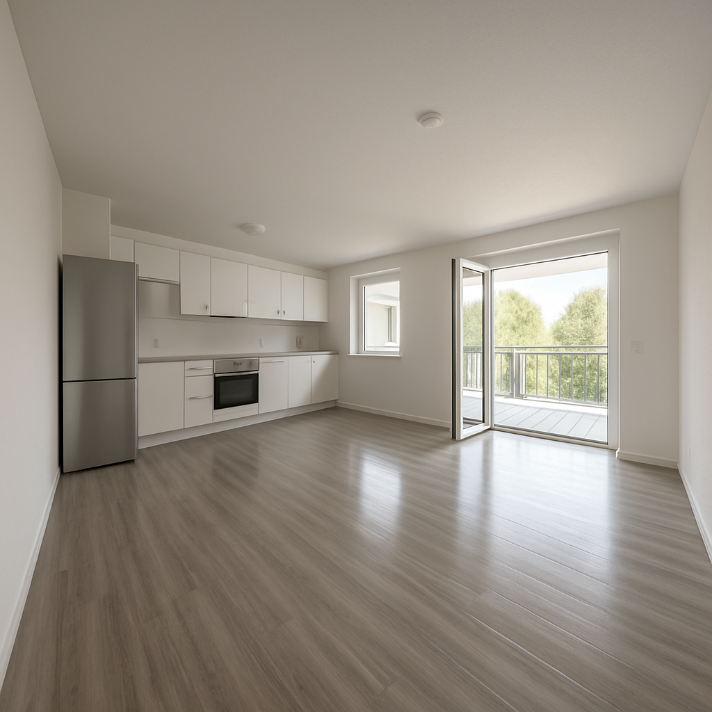 Empty kitchen with white cabinets, stainless steel refrigerator, oven, light wood flooring, and open sliding door leading to a balcony with trees in the background.