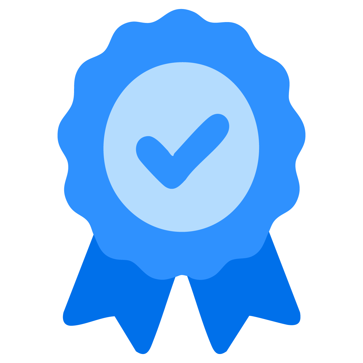 Blue award ribbon with a white checkmark in a circle at the center.