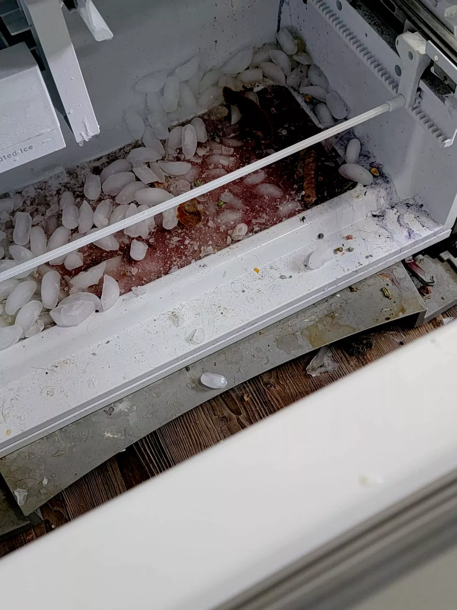 Inside a broken freezer with scattered ice, spilled food, and debris, indicating it is not functioning properly.