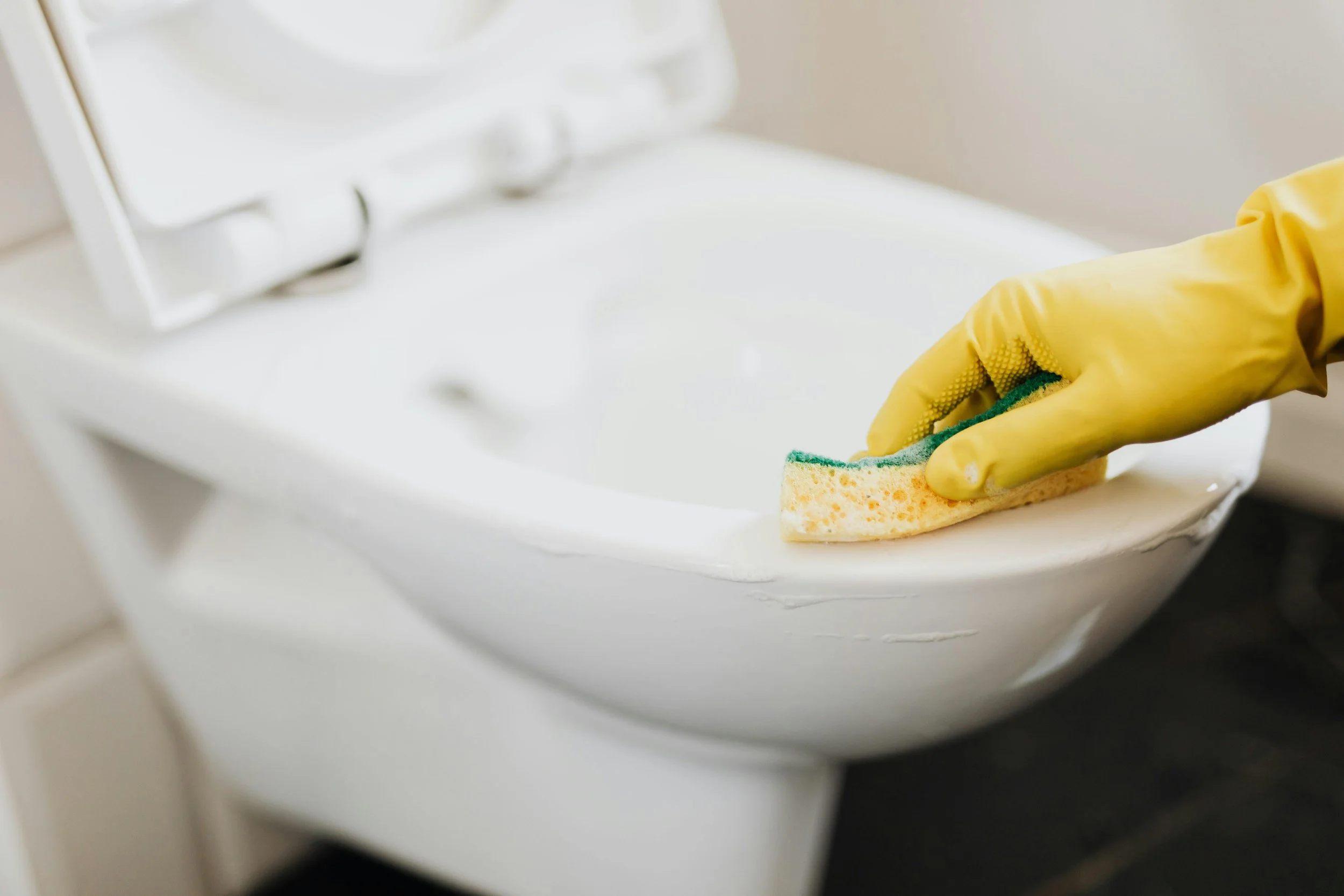 A person wearing yellow rubber gloves cleaning the edge of a white toilet with a green and yellow sponge.