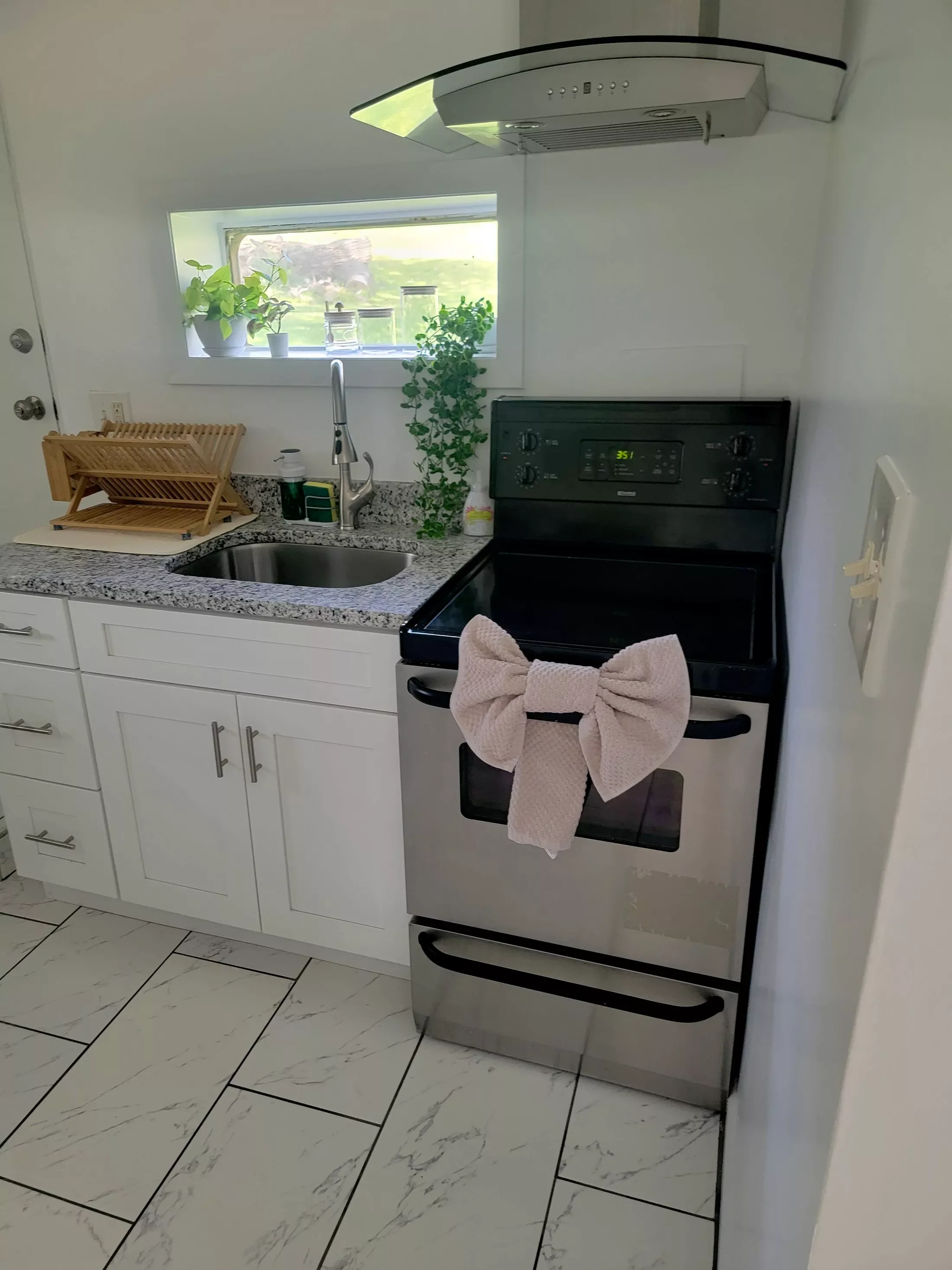 A kitchen with a small window above the sink, white cabinets, a granite countertop, a stainless steel stove with a pink bow hanging on its handle, and a range hood above. There are potted plants on the window sill.
