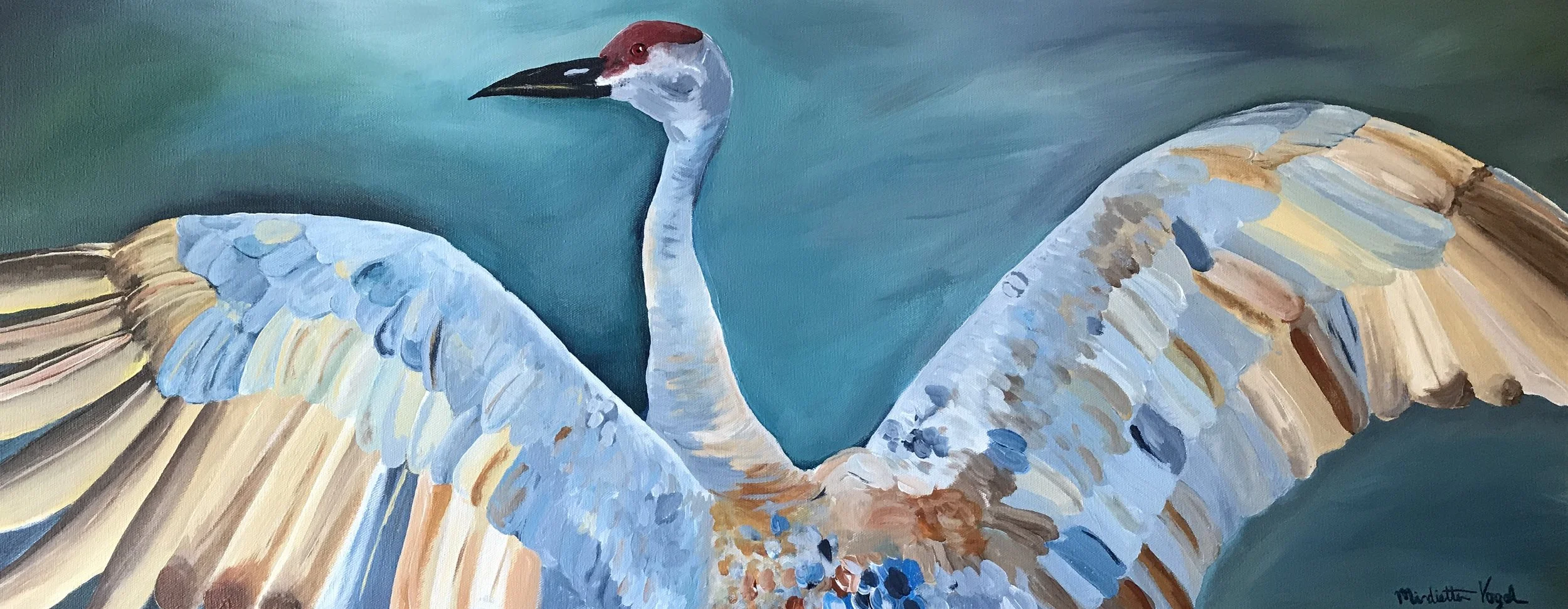Acrylic painting of a sandhill crane with wings spread against a teal background.