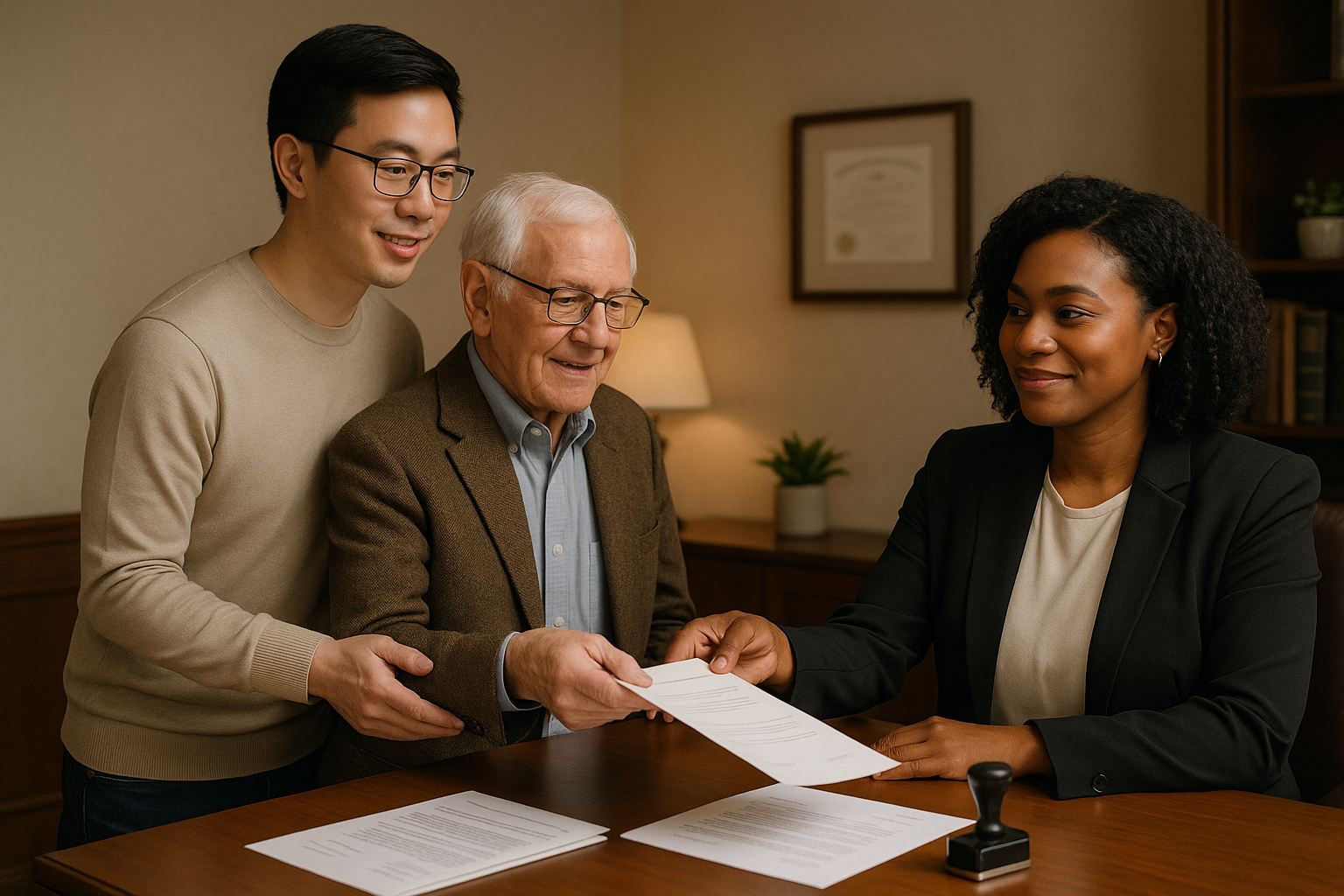 A woman in a black blazer hands a document to an elderly man in a brown blazer, with a younger man in a beige sweater standing next to them, in an office setting.