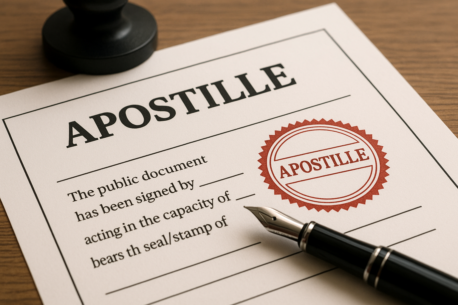 A legal document labeled 'Apostille' with a red circular stamp reading 'Apostille' and a black fountain pen on a wooden desk.