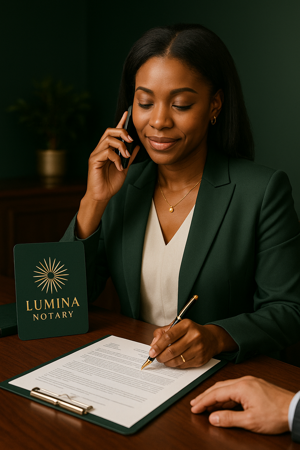 A professional woman with dark hair, wearing a green blazer and white top, is sitting at a desk, talking on the phone, and signing or reviewing a document with a gold pen. There is a notary sign that reads 'Lumina Notary' and a hand resting on the desk.