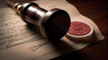 A rubber stamp with a red ink pad placed on a document with handwritten text.